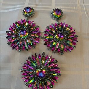 Multicolor Crystal Burst Statement Earrings and Brooch Set